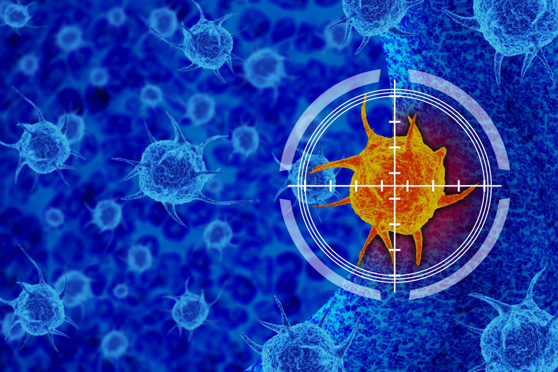 Cells with a crosshair targeting a cancer cell among normal cells, symbolizing treatment.